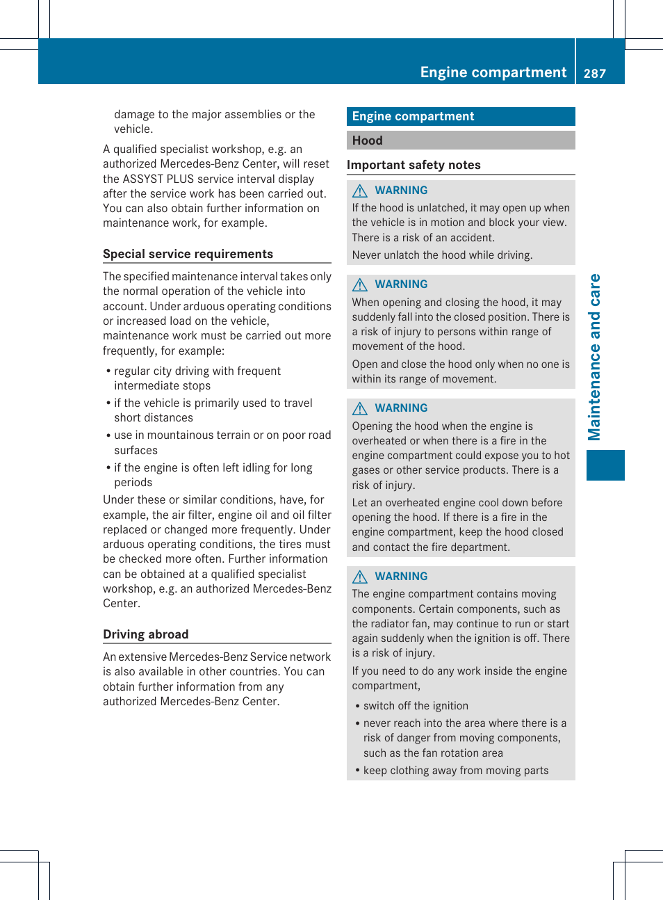 Maintenance and care, Engine compartment | Mercedes-Benz C-Sedan 2014 Owners Manual User Manual | Page 289 / 362