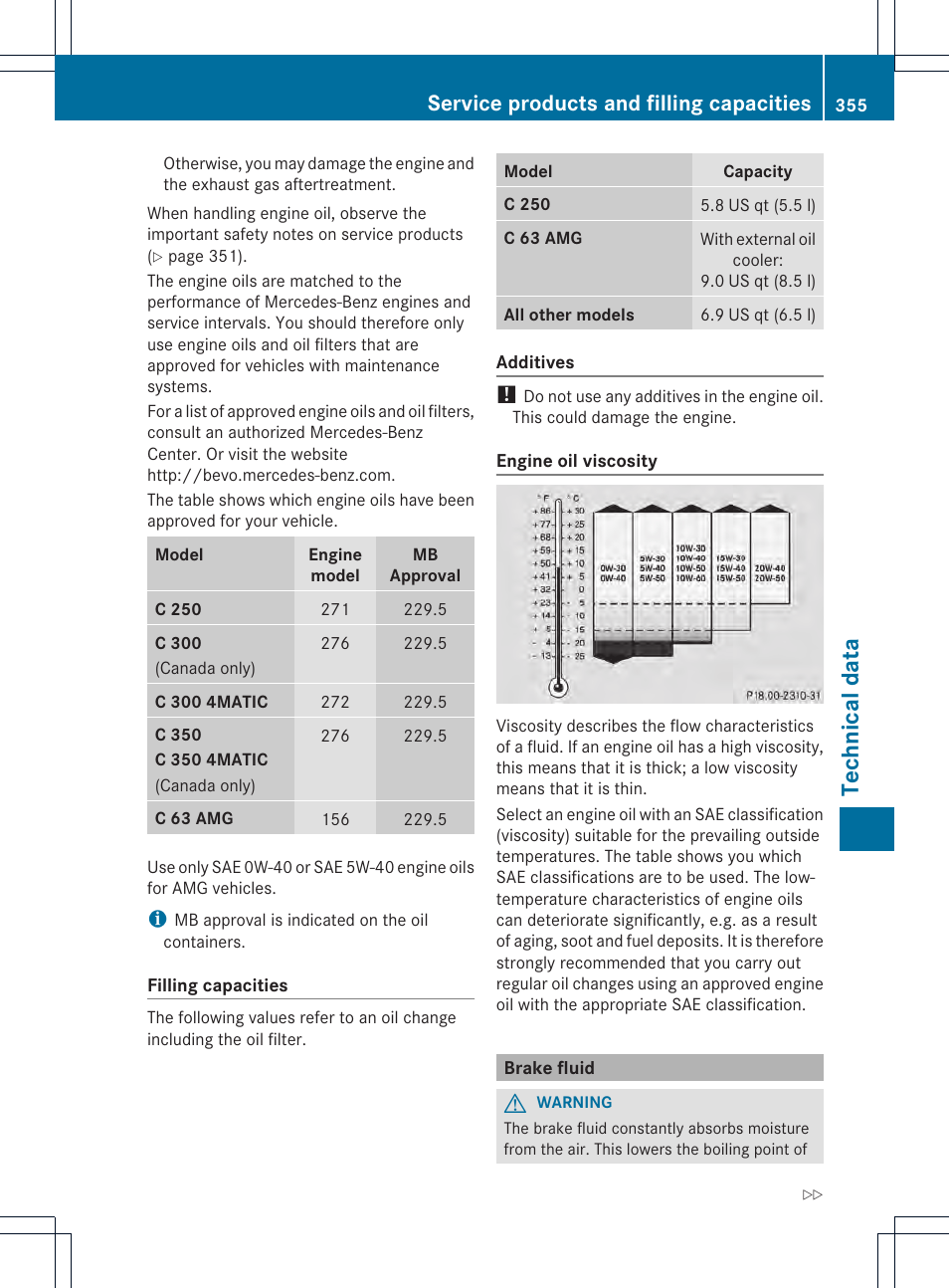 Tec hni cal data, Service products and filling capacities | Mercedes-Benz C-Sedan 2014 Owners Manual User Manual | Page 357 / 362