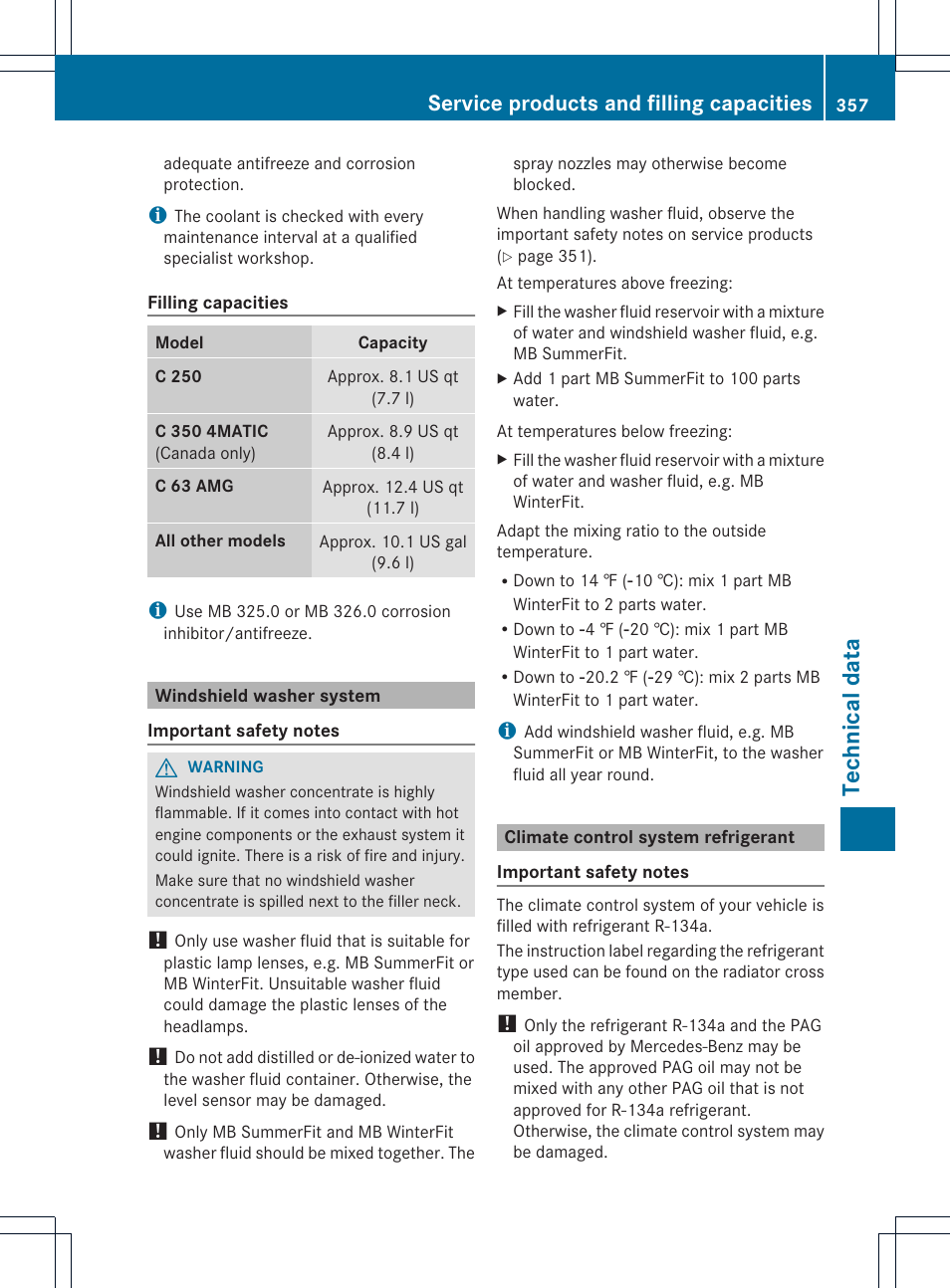 Technical data, Service products and filling capacities | Mercedes-Benz C-Sedan 2014 Owners Manual User Manual | Page 359 / 362