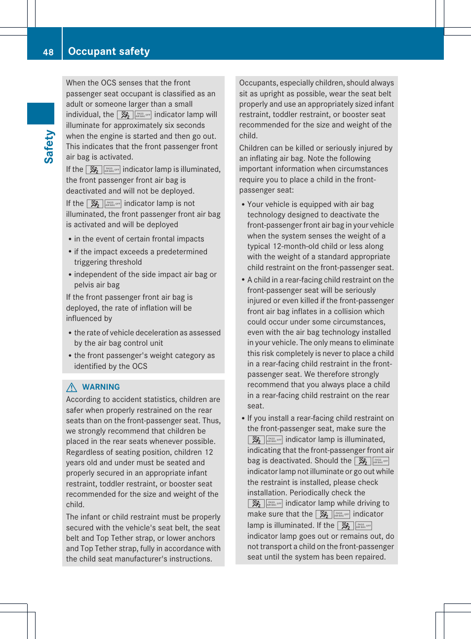 Safety, Occupant safety | Mercedes-Benz C-Sedan 2014 Owners Manual User Manual | Page 50 / 362