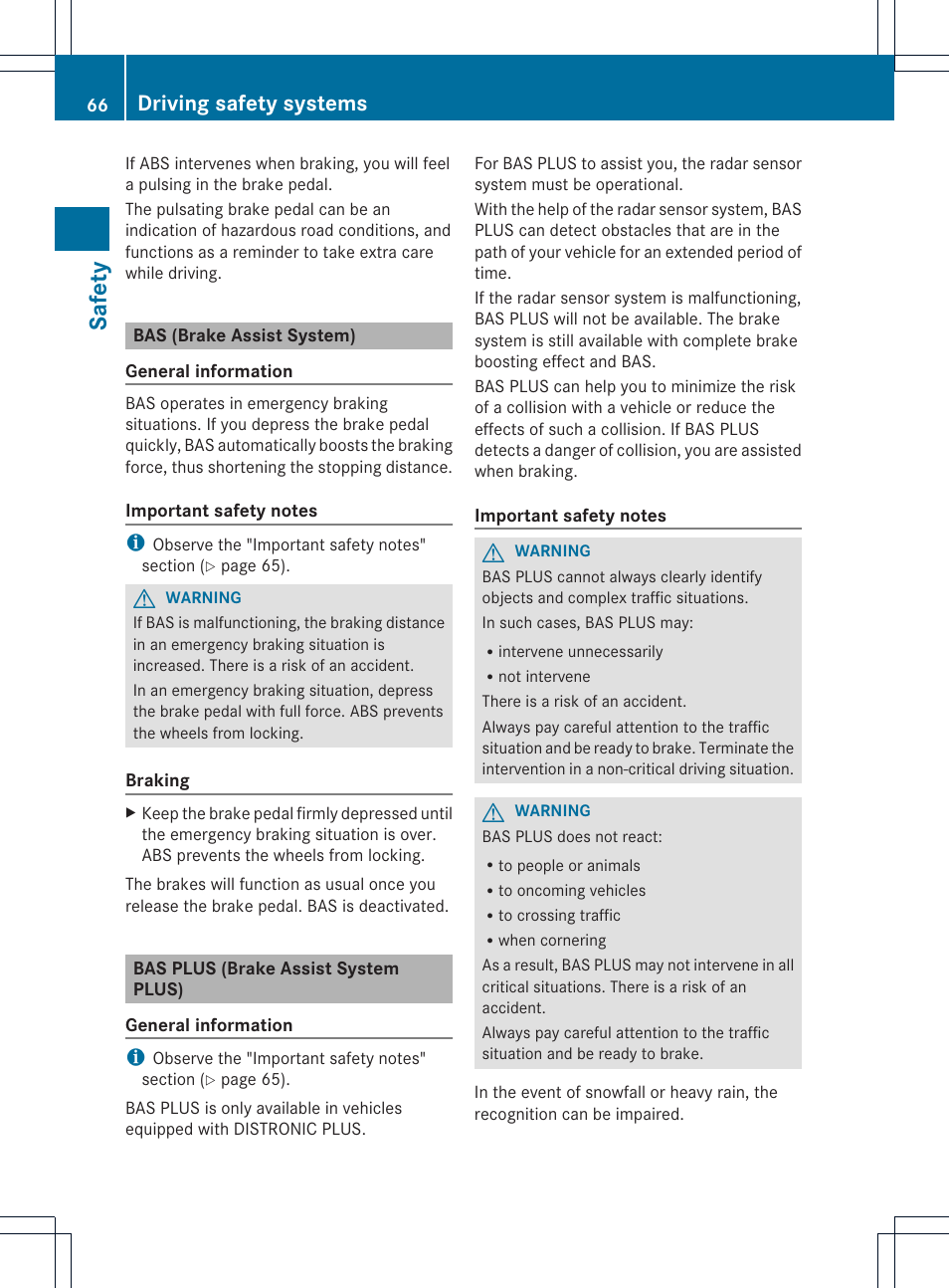 Safety, Driving safety systems | Mercedes-Benz C-Sedan 2014 Owners Manual User Manual | Page 68 / 362