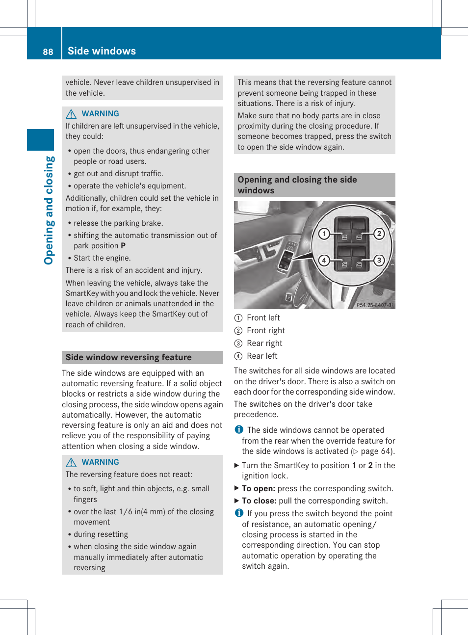 Opening and closing, Side windows | Mercedes-Benz C-Sedan 2014 Owners Manual User Manual | Page 90 / 362