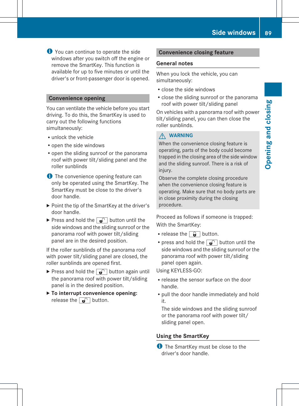 Opening and closing, Side windows | Mercedes-Benz C-Sedan 2014 Owners Manual User Manual | Page 91 / 362