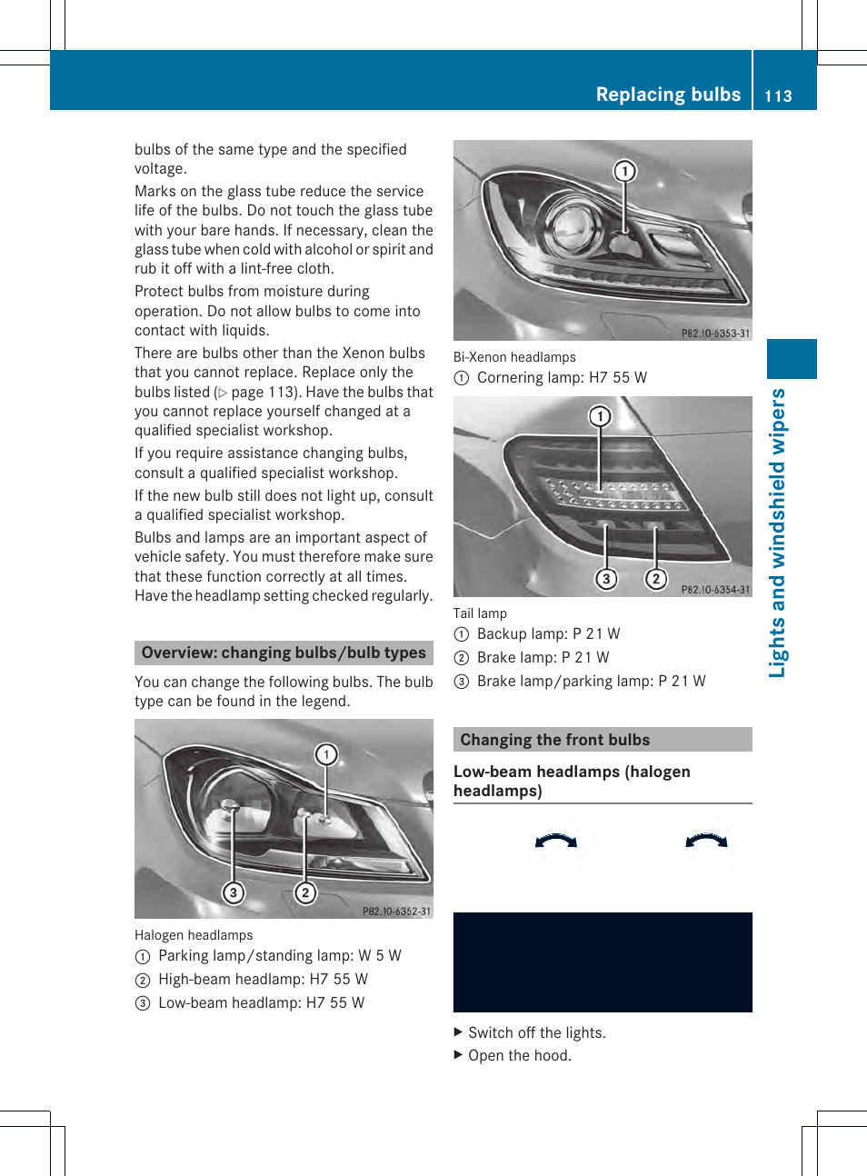 Lights and windshield wipers, Replacing bulbs | Mercedes-Benz C-Coupe 2014 Owners Manual User Manual | Page 115 / 342