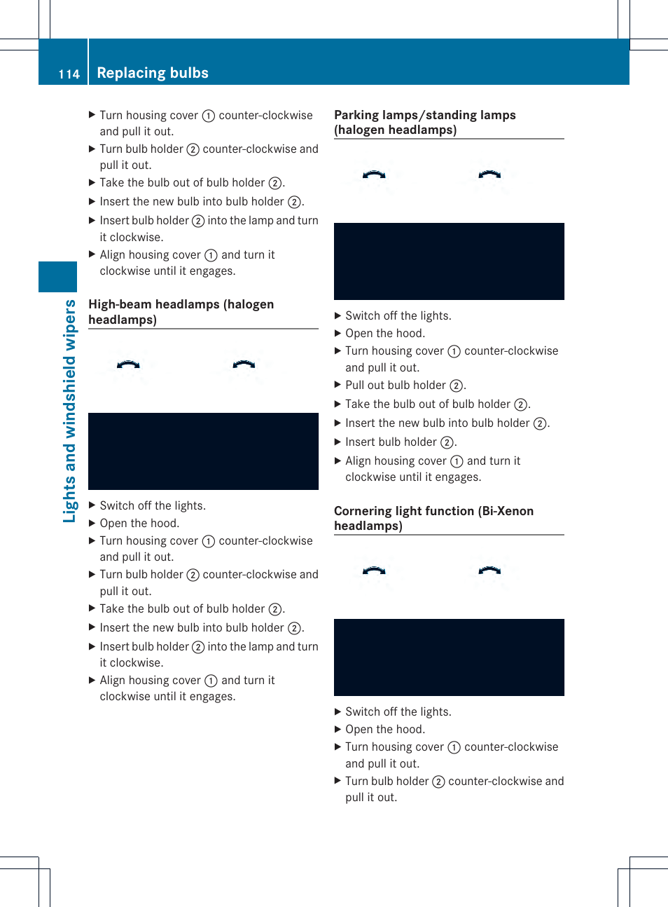 Lights and windshield wipers, Replacing bulbs | Mercedes-Benz C-Coupe 2014 Owners Manual User Manual | Page 116 / 342