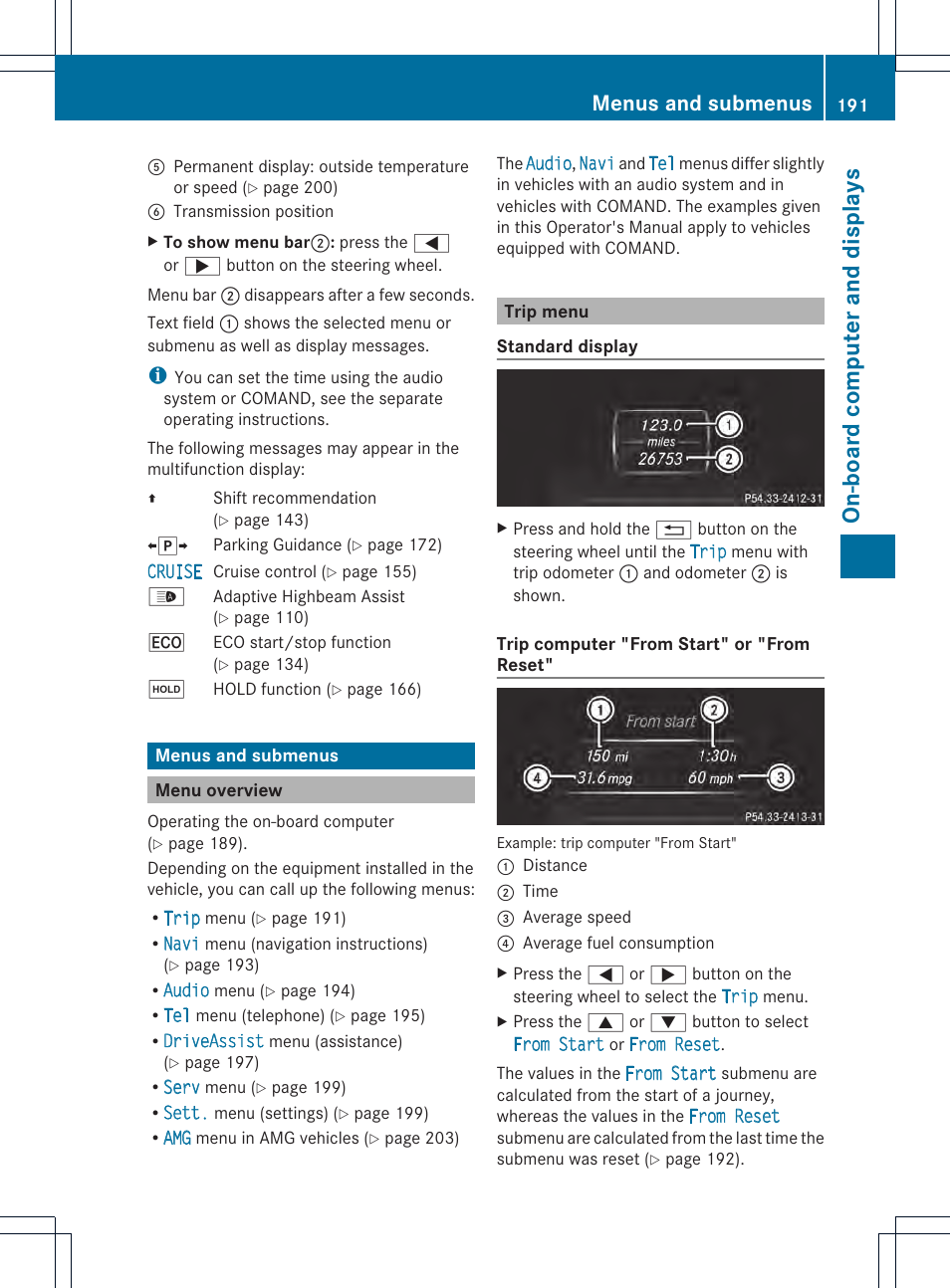 On-board computer and displays, Menus and submenus | Mercedes-Benz C-Coupe 2014 Owners Manual User Manual | Page 193 / 342