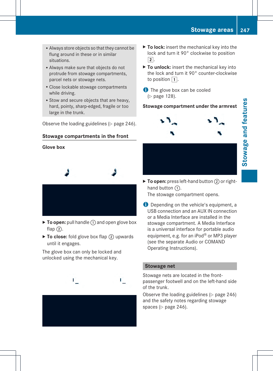 Stowage and feat ures, Stowage areas | Mercedes-Benz C-Coupe 2014 Owners Manual User Manual | Page 249 / 342