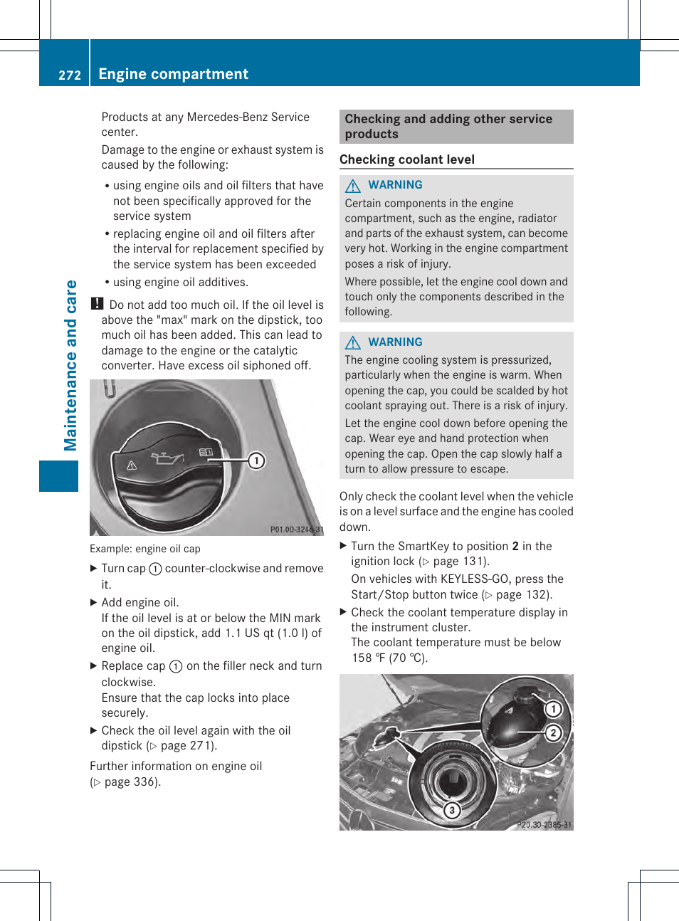 Maintenance and care, Engine compartment | Mercedes-Benz C-Coupe 2014 Owners Manual User Manual | Page 274 / 342