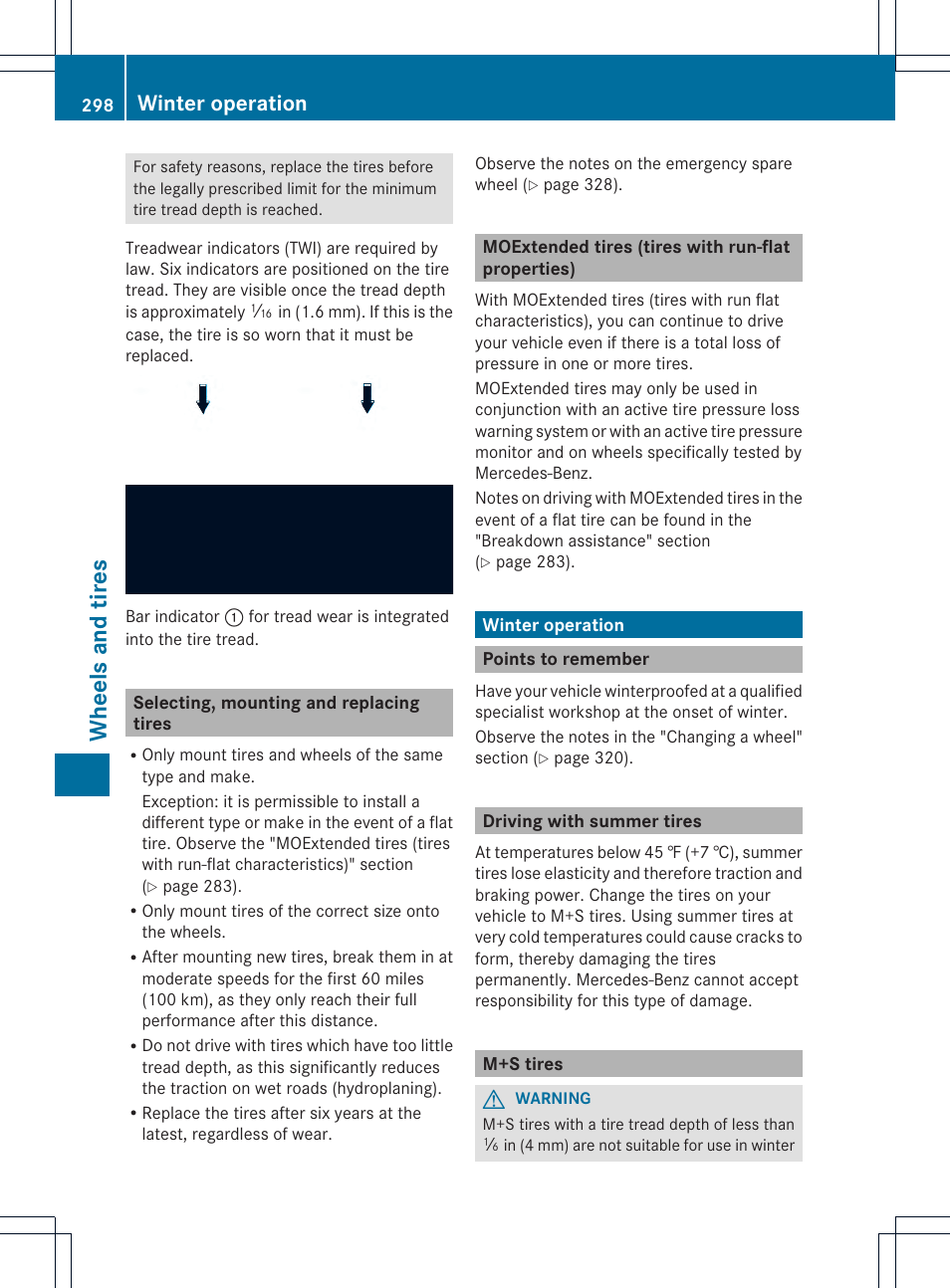 Whee ls and tires, Winter operation | Mercedes-Benz C-Coupe 2014 Owners Manual User Manual | Page 300 / 342