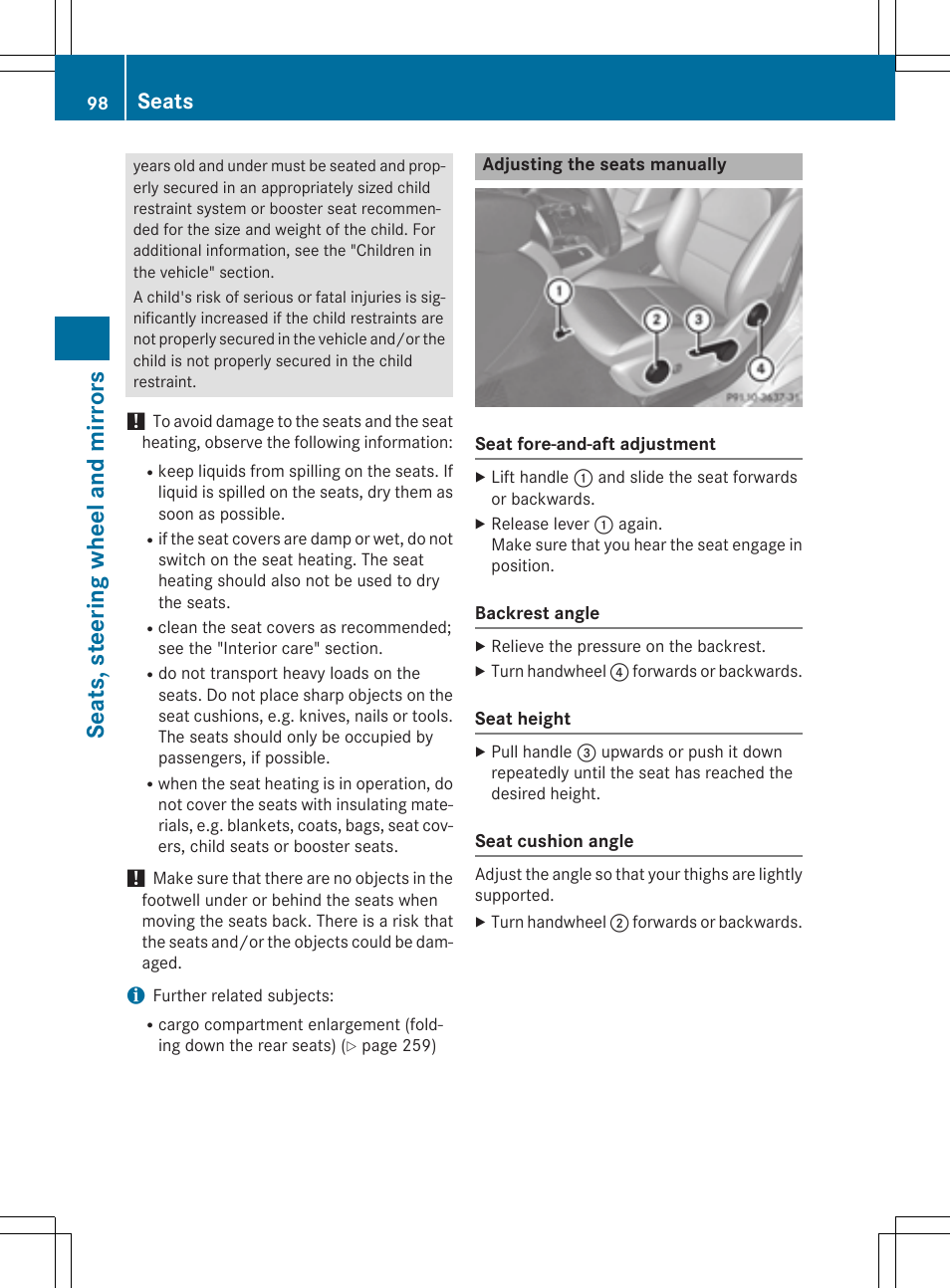 Sea ts ,ste er ing wheel and mirro rs, Seats | Mercedes-Benz CLA-Class 2014 Owners Manual User Manual | Page 100 / 358