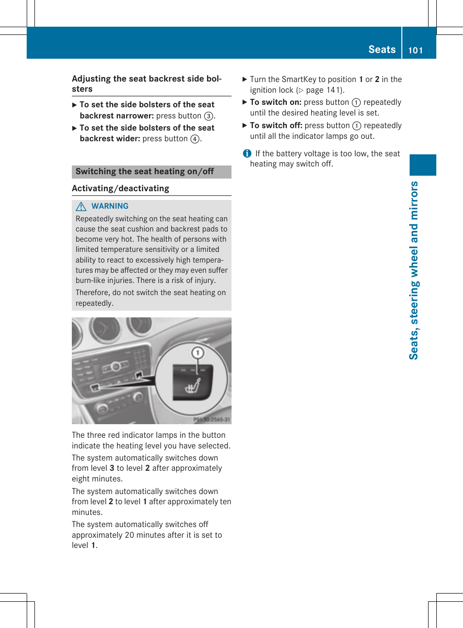 Sea ts ,ste er ing wheel and mirro rs, Seats | Mercedes-Benz CLA-Class 2014 Owners Manual User Manual | Page 103 / 358