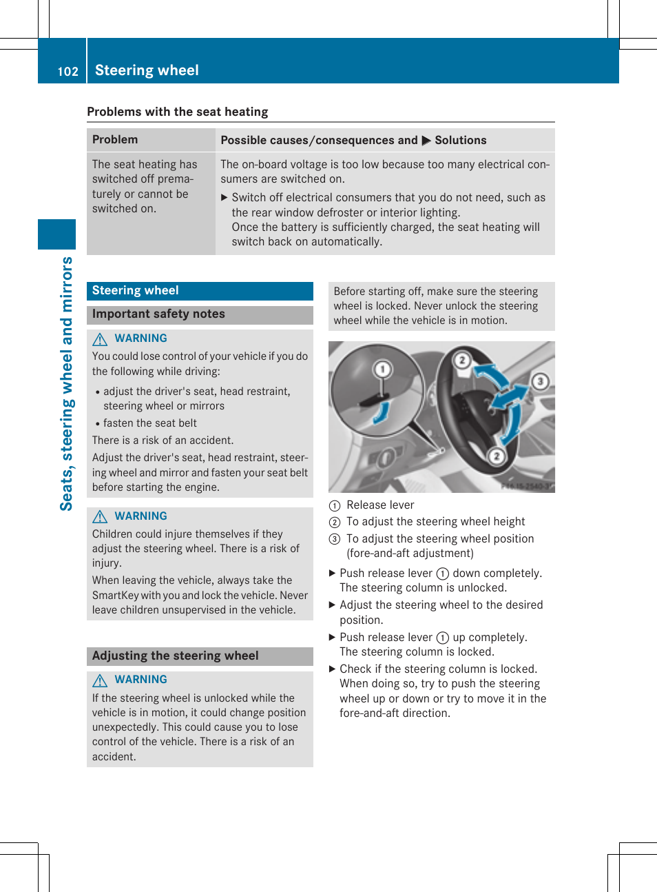 Seats, steering wheel and mirrors, Steering wheel | Mercedes-Benz CLA-Class 2014 Owners Manual User Manual | Page 104 / 358