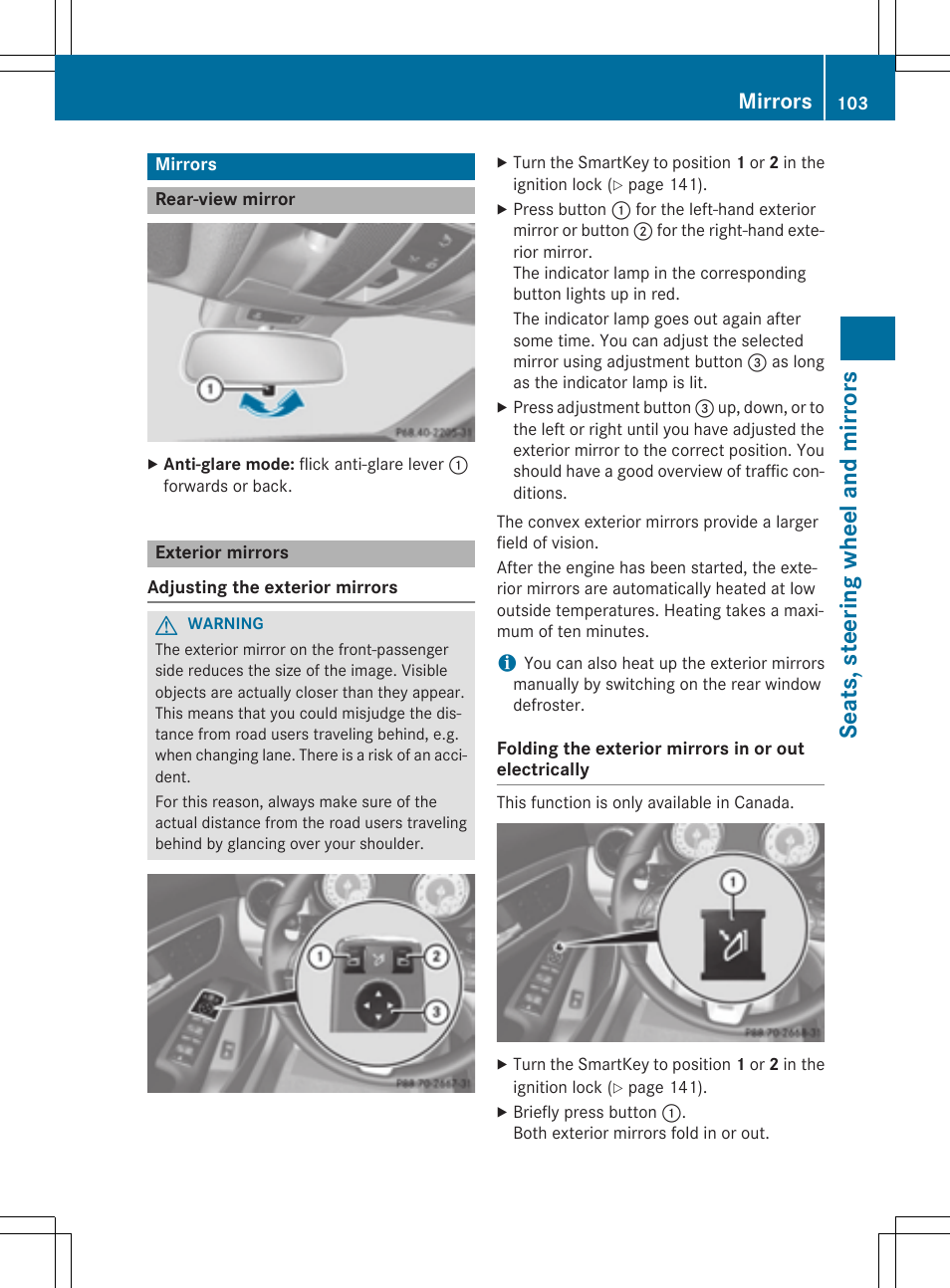 Seats, steering wheel and mirrors, Mirrors | Mercedes-Benz CLA-Class 2014 Owners Manual User Manual | Page 105 / 358