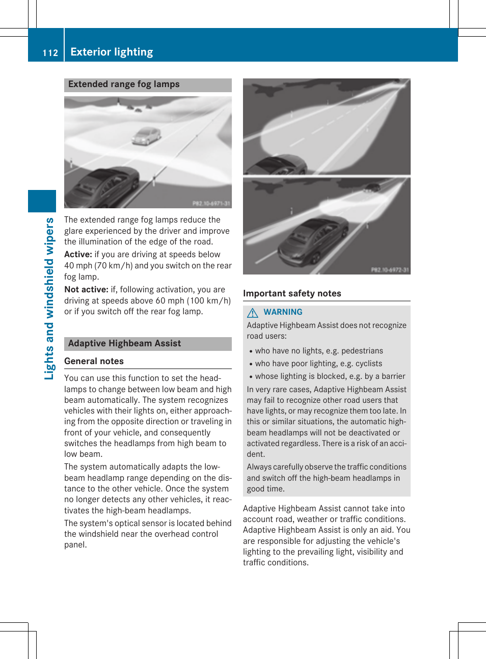 Light s and windsh ield wiper s, Exterior lighting | Mercedes-Benz CLA-Class 2014 Owners Manual User Manual | Page 114 / 358