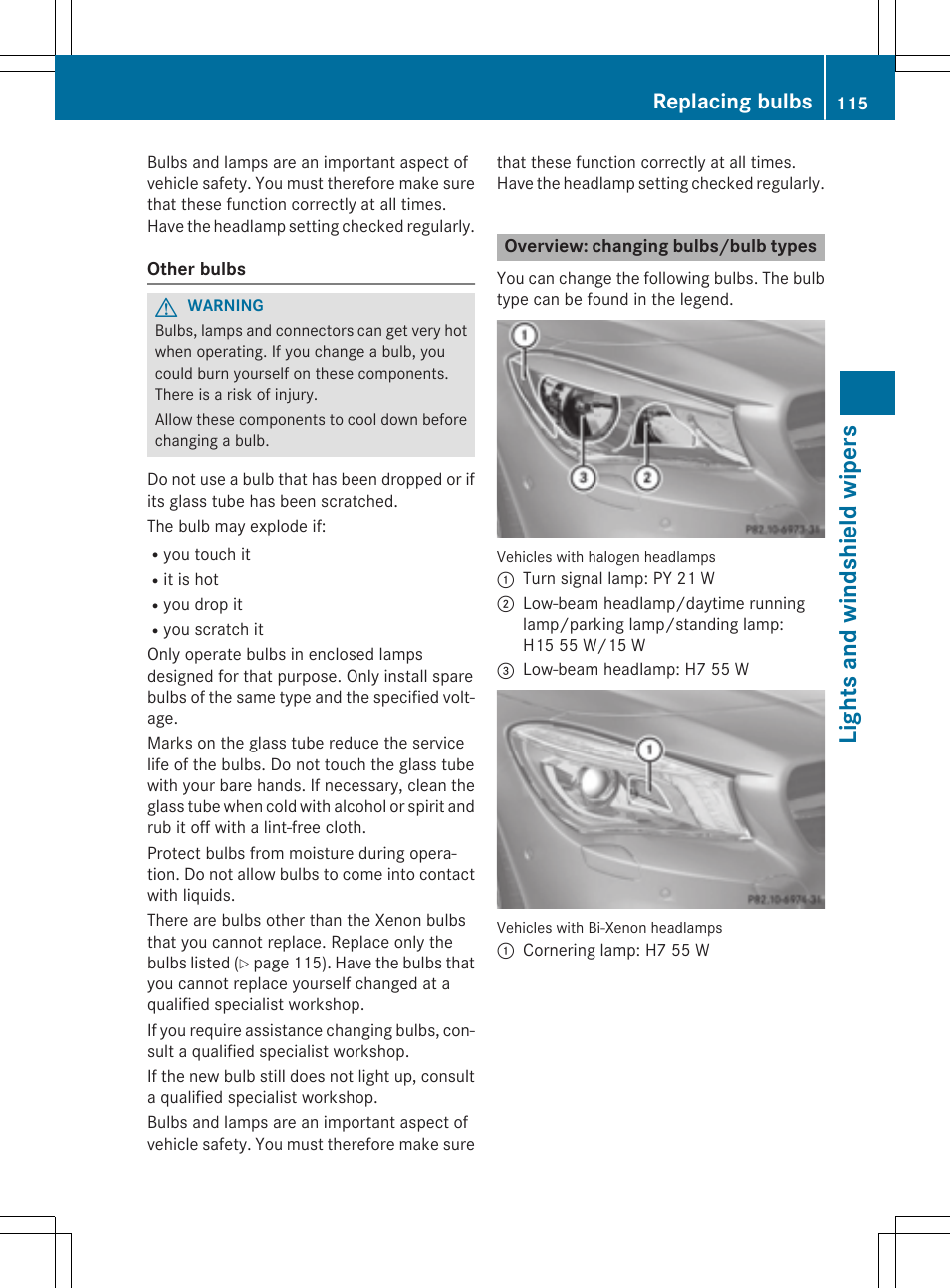 Lights and windshi eld wipers, Replacing bulbs | Mercedes-Benz CLA-Class 2014 Owners Manual User Manual | Page 117 / 358