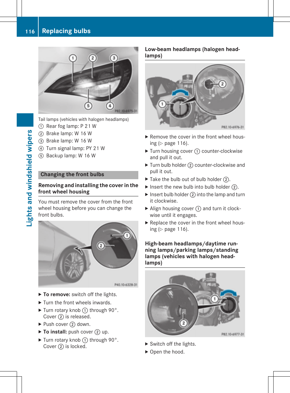 Lights and windshield wipers, Replacing bulbs | Mercedes-Benz CLA-Class 2014 Owners Manual User Manual | Page 118 / 358