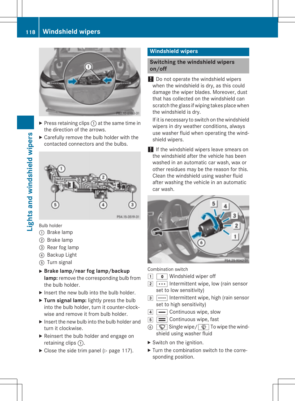 Lights and windshield wipers, Windshield wipers | Mercedes-Benz CLA-Class 2014 Owners Manual User Manual | Page 120 / 358
