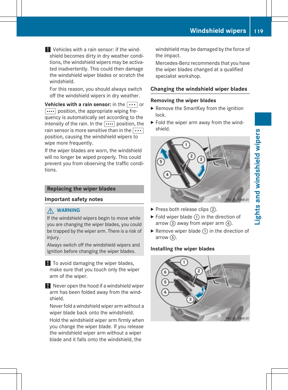 Lights and windshield wipers, Windshield wipers | Mercedes-Benz CLA-Class 2014 Owners Manual User Manual | Page 121 / 358