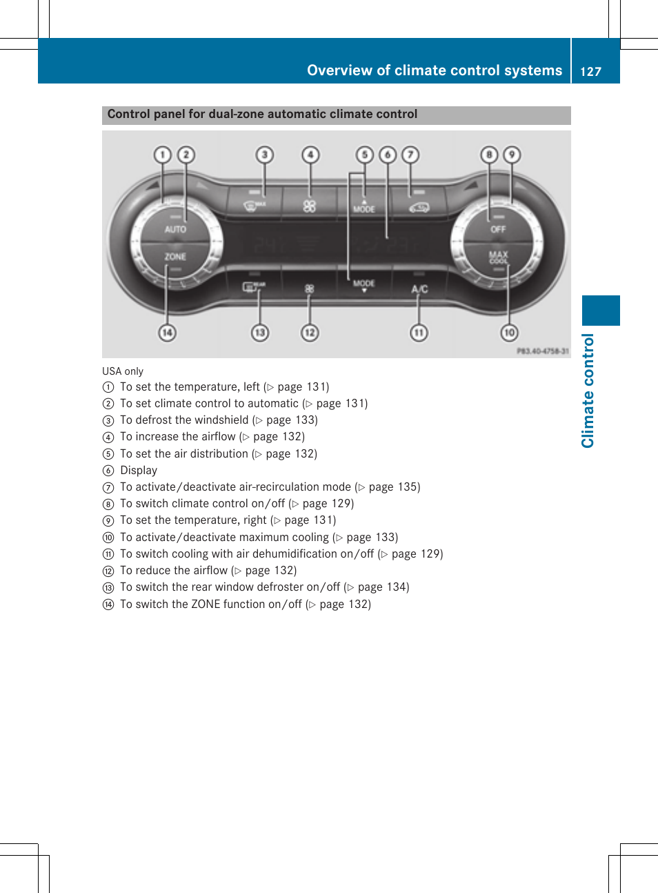 Clima te contr ol, Overview of climate control systems | Mercedes-Benz CLA-Class 2014 Owners Manual User Manual | Page 129 / 358