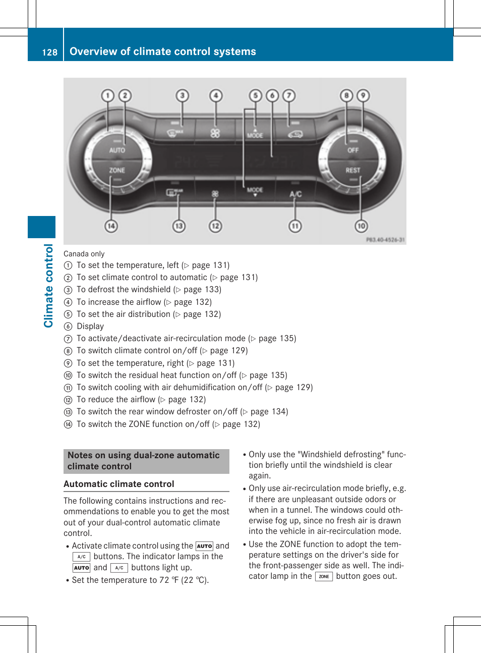 Clima te contr ol, Overview of climate control systems | Mercedes-Benz CLA-Class 2014 Owners Manual User Manual | Page 130 / 358