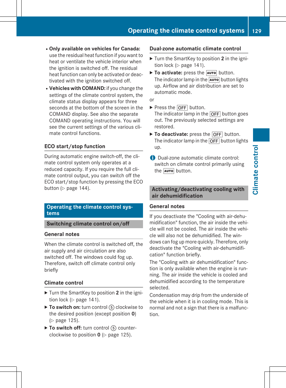 Climat e control, Operating the climate control systems | Mercedes-Benz CLA-Class 2014 Owners Manual User Manual | Page 131 / 358