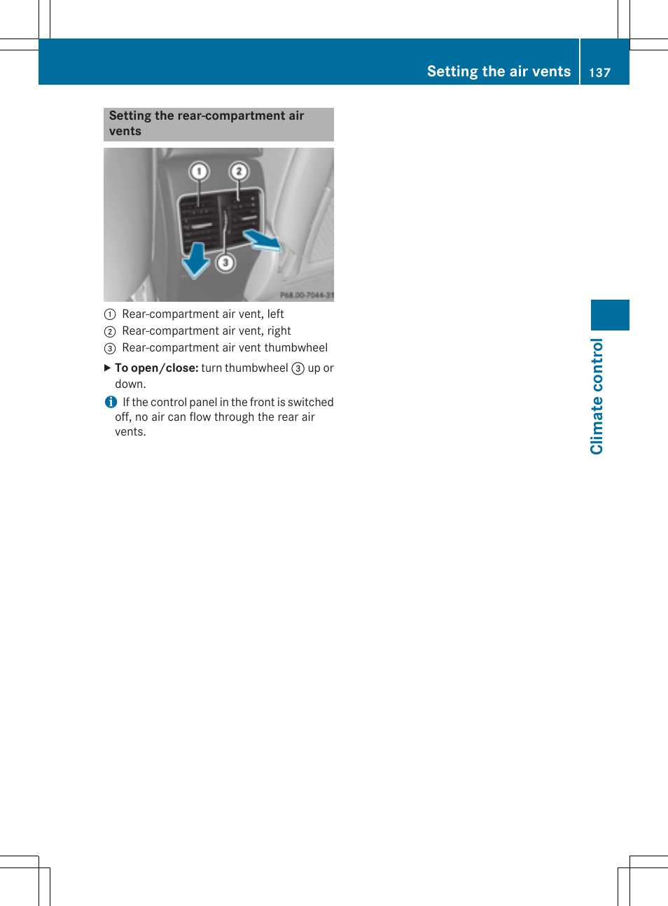 Climate control, Setting the air vents | Mercedes-Benz CLA-Class 2014 Owners Manual User Manual | Page 139 / 358