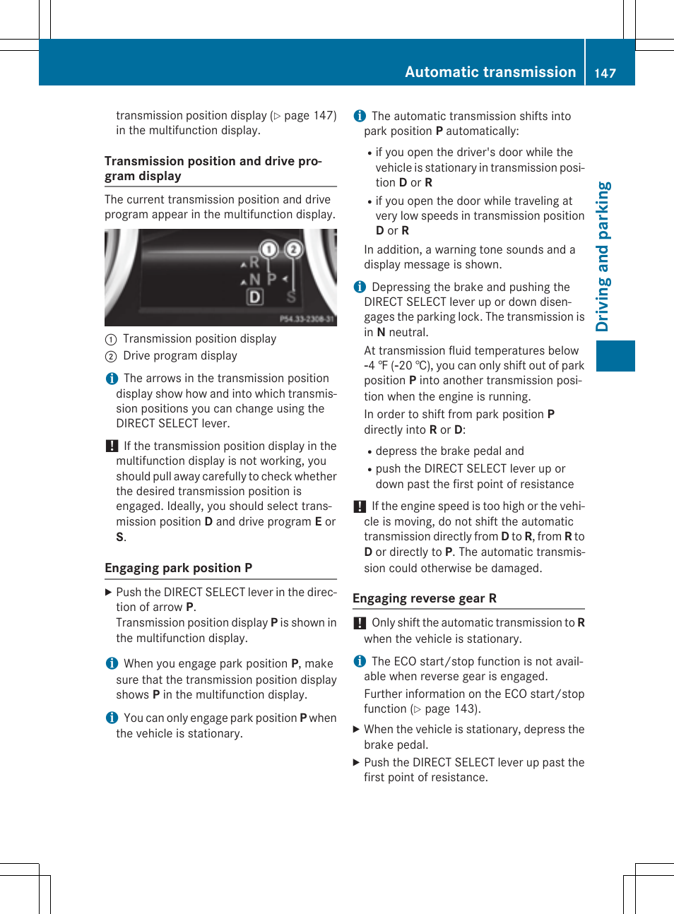 Driv ing and parking, Automatic transmission | Mercedes-Benz CLA-Class 2014 Owners Manual User Manual | Page 149 / 358