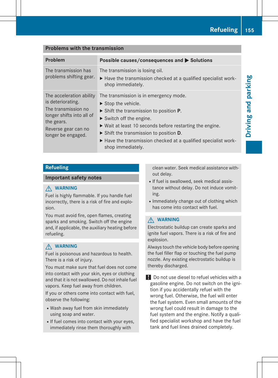 Driving and parking, Refueling | Mercedes-Benz CLA-Class 2014 Owners Manual User Manual | Page 157 / 358