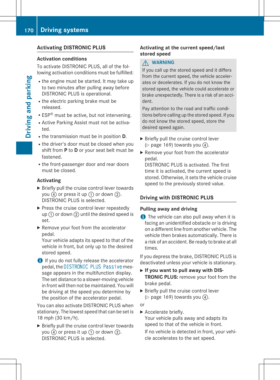 Driv ing and pa rki ng, Driving systems | Mercedes-Benz CLA-Class 2014 Owners Manual User Manual | Page 172 / 358