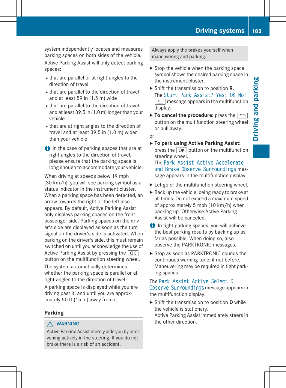 Driving and parking, Driving systems | Mercedes-Benz CLA-Class 2014 Owners Manual User Manual | Page 185 / 358