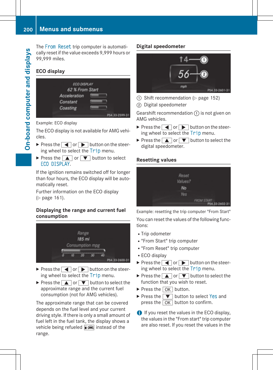 On-board computer and display s, Menus and submenus | Mercedes-Benz CLA-Class 2014 Owners Manual User Manual | Page 202 / 358