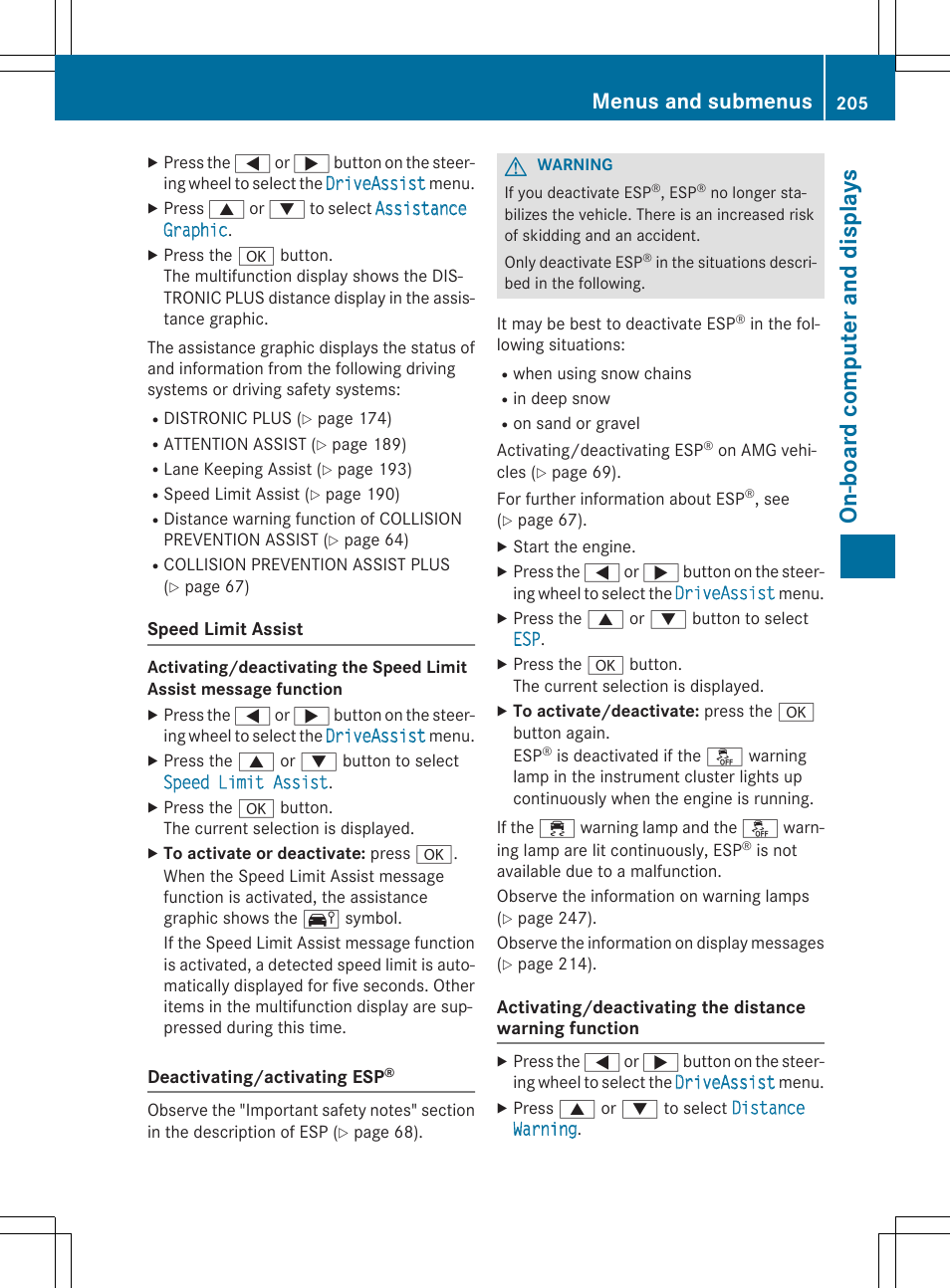 On-board comput er and display s, Menus and submenus | Mercedes-Benz CLA-Class 2014 Owners Manual User Manual | Page 207 / 358
