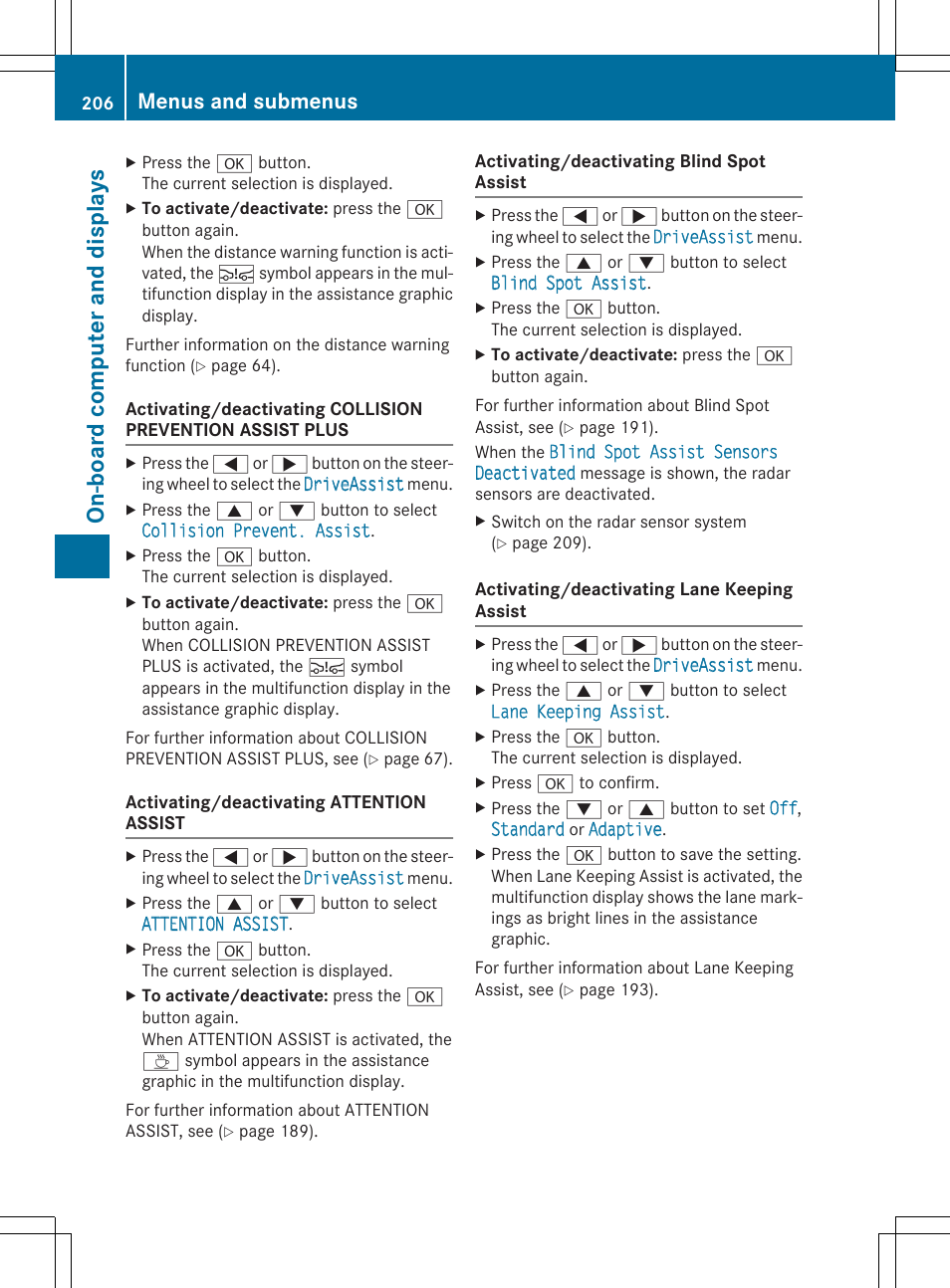 On-board comput er and display s, Menus and submenus | Mercedes-Benz CLA-Class 2014 Owners Manual User Manual | Page 208 / 358
