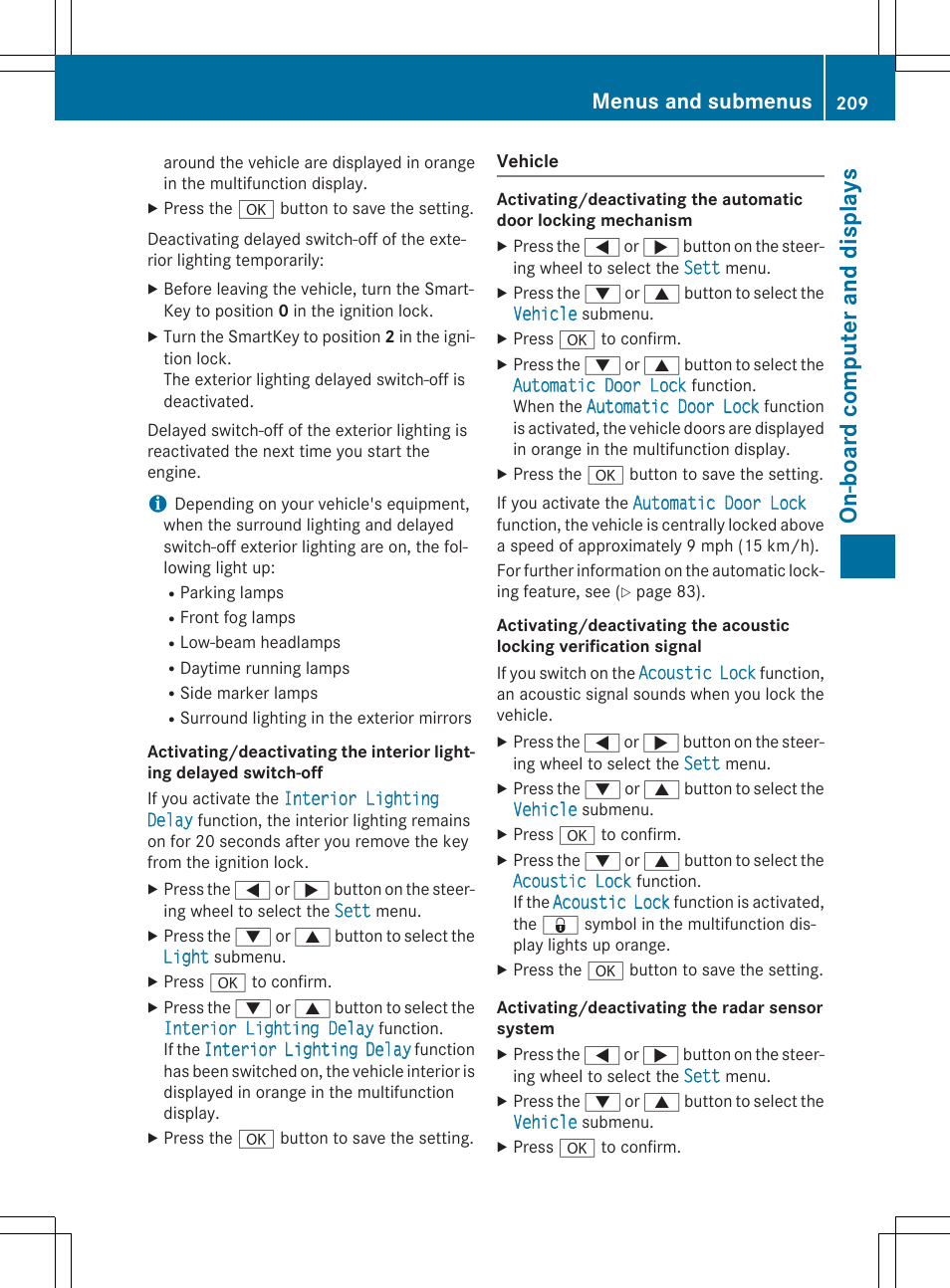 On- boar d comp ut er and dis pla ys, Menus and submenus | Mercedes-Benz CLA-Class 2014 Owners Manual User Manual | Page 211 / 358