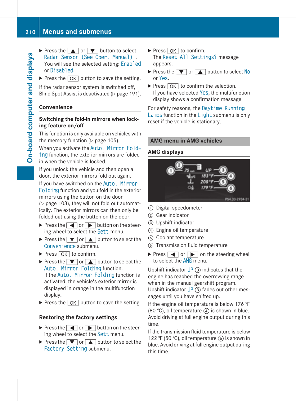 On-b oard comput er and display s, Menus and submenus | Mercedes-Benz CLA-Class 2014 Owners Manual User Manual | Page 212 / 358