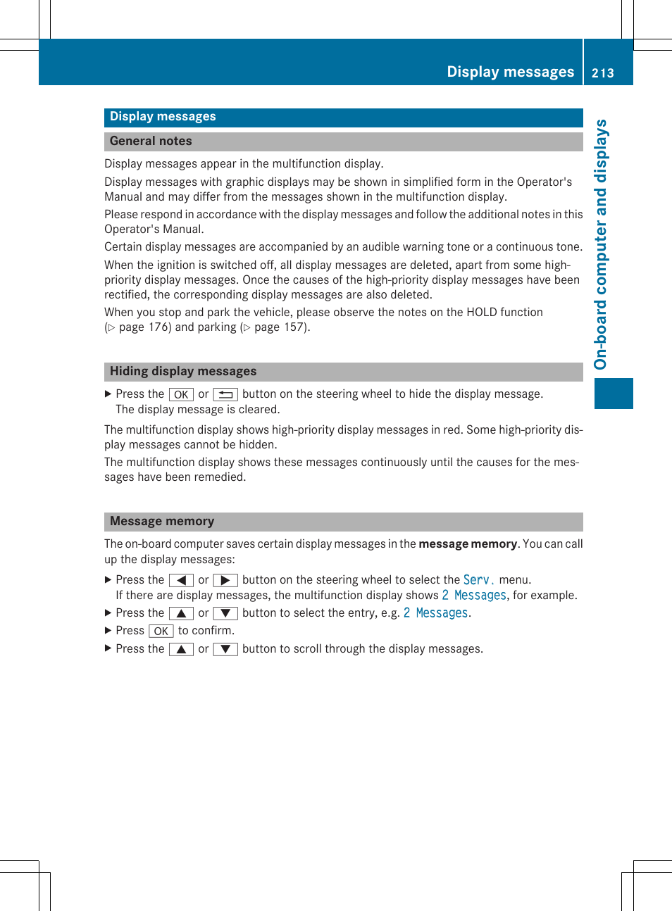 On -b oar d comp ut er an d di sp lay s, Display messages | Mercedes-Benz CLA-Class 2014 Owners Manual User Manual | Page 215 / 358