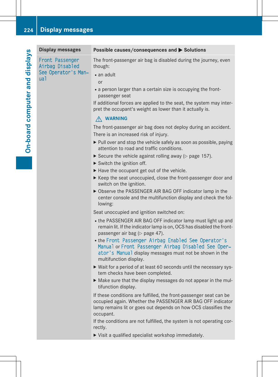 On -b oar d comp ut er an d di sp lay s, Display messages | Mercedes-Benz CLA-Class 2014 Owners Manual User Manual | Page 226 / 358
