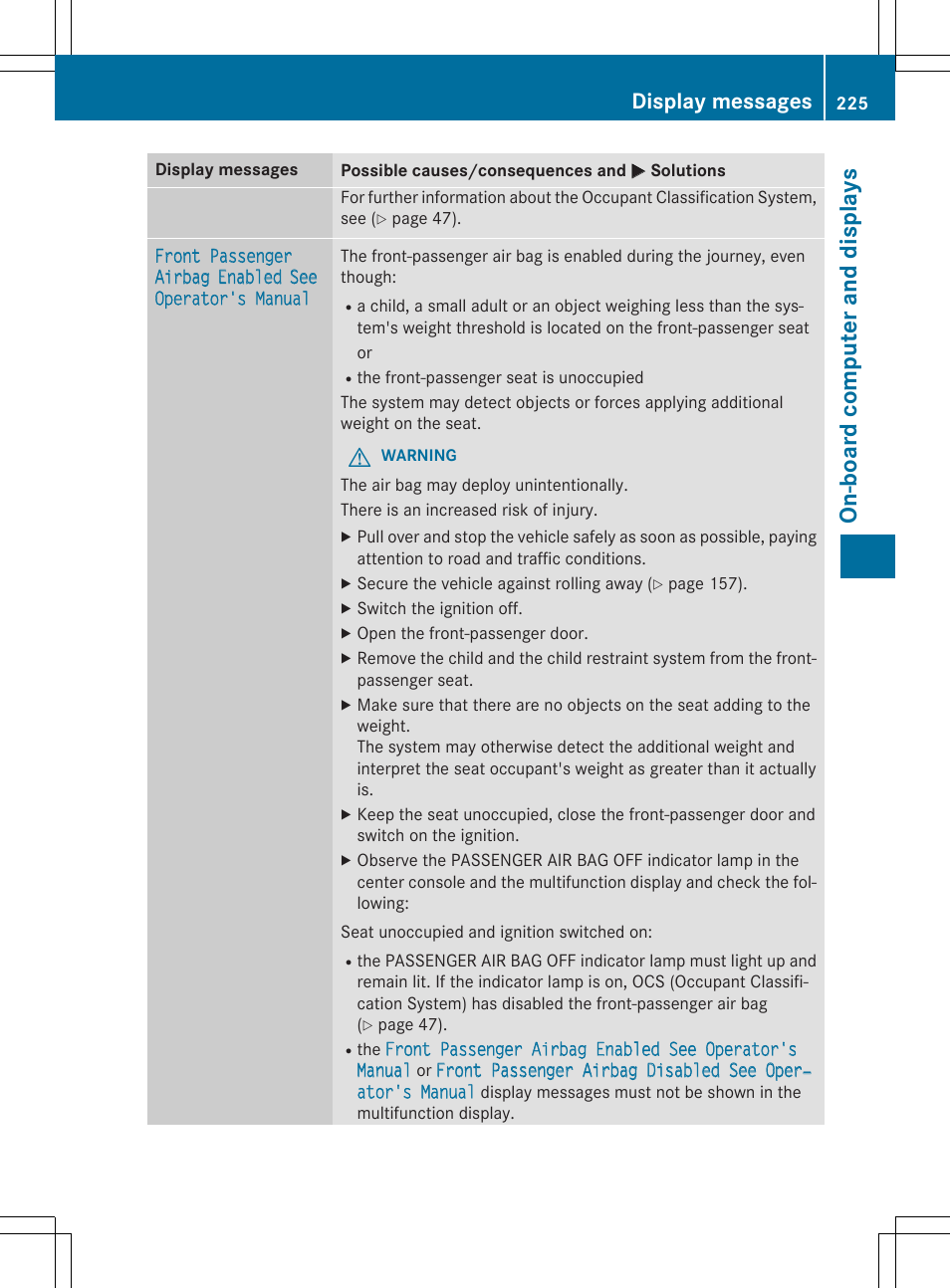 On -b oar d comp ut er an d di sp lay s, Display messages | Mercedes-Benz CLA-Class 2014 Owners Manual User Manual | Page 227 / 358
