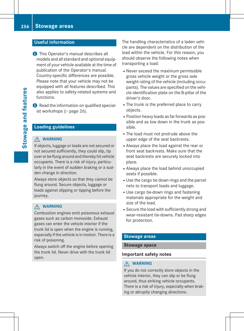 Stowage and feat ures, Stowage areas | Mercedes-Benz CLA-Class 2014 Owners Manual User Manual | Page 258 / 358