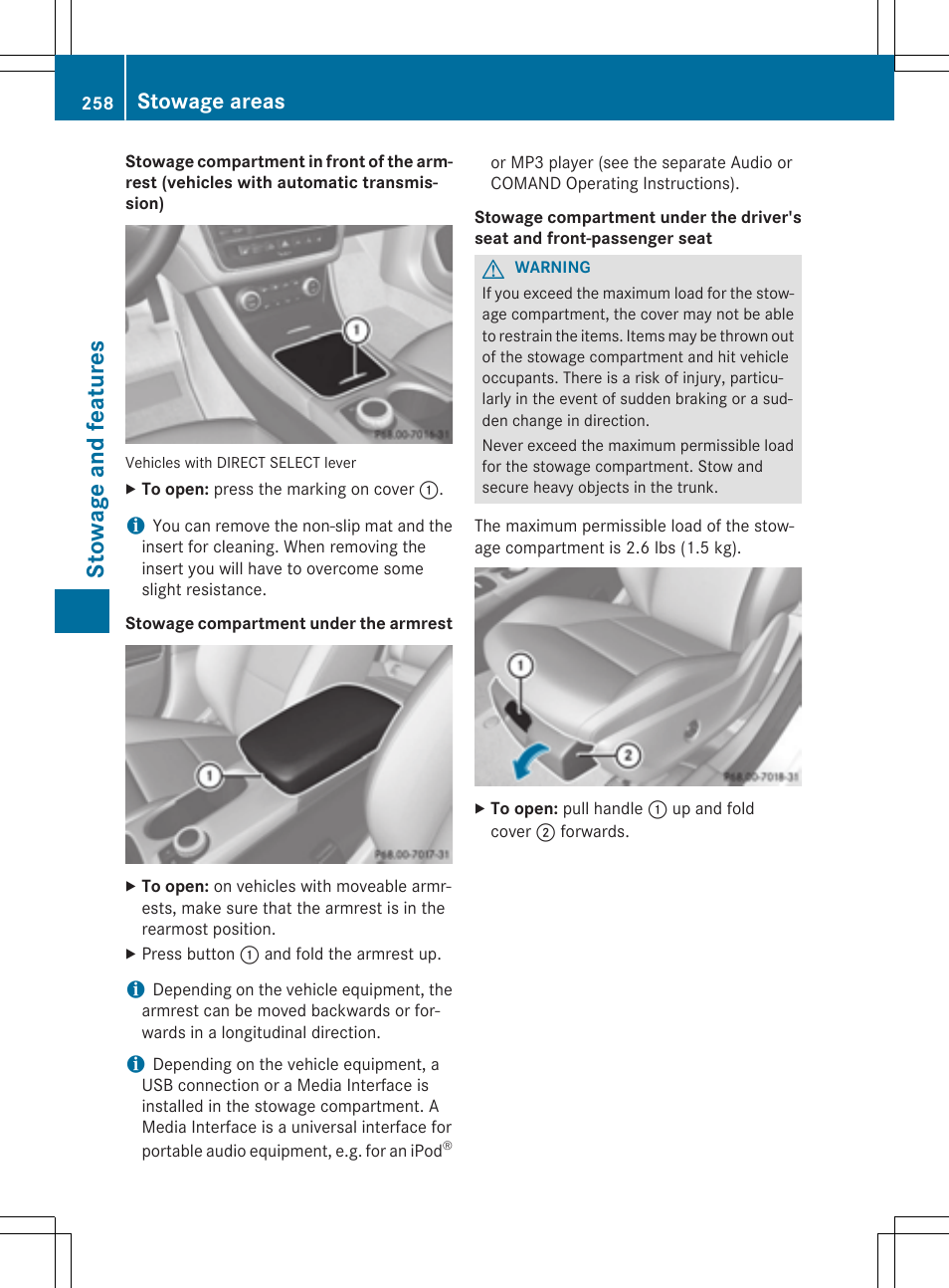 Stowage and features, Stowage areas | Mercedes-Benz CLA-Class 2014 Owners Manual User Manual | Page 260 / 358