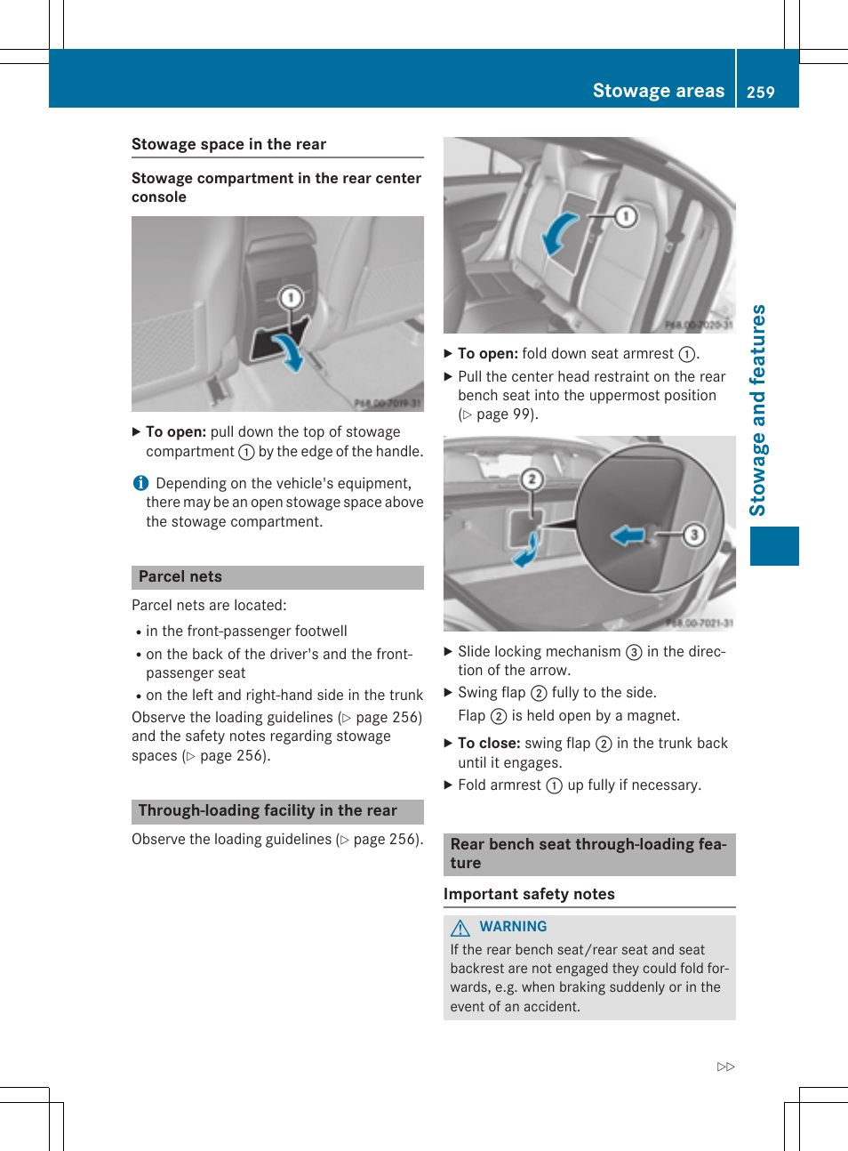 Stowage and features, Stowage areas | Mercedes-Benz CLA-Class 2014 Owners Manual User Manual | Page 261 / 358