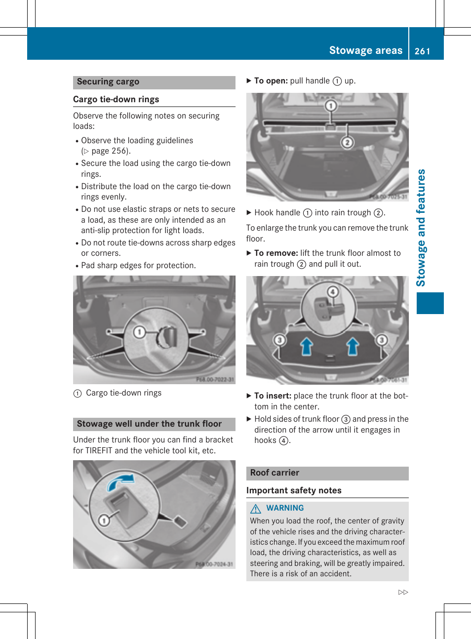 Stowage and features, Stowage areas | Mercedes-Benz CLA-Class 2014 Owners Manual User Manual | Page 263 / 358