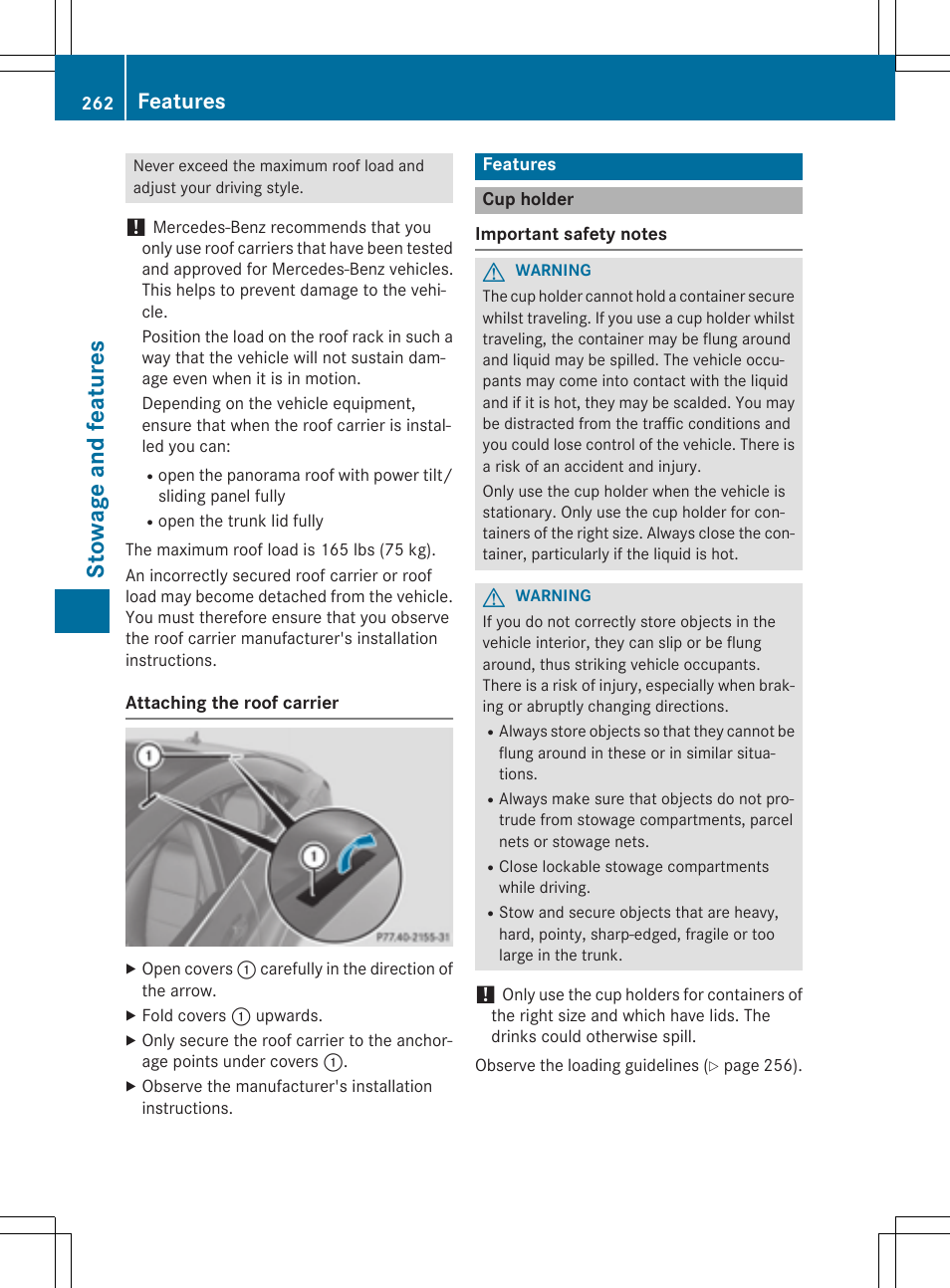 Stowage and features, Features | Mercedes-Benz CLA-Class 2014 Owners Manual User Manual | Page 264 / 358
