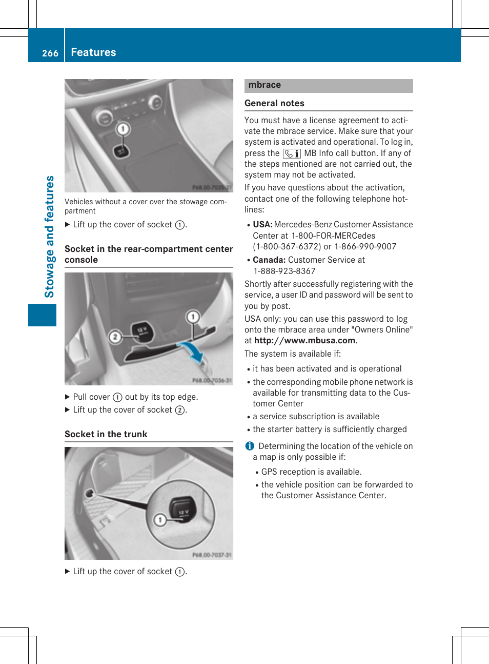 Stowage and features, Features | Mercedes-Benz CLA-Class 2014 Owners Manual User Manual | Page 268 / 358