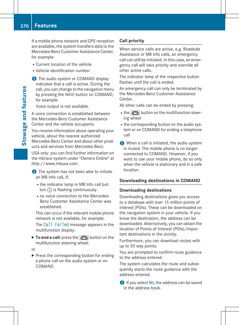 Stowage and features, Features | Mercedes-Benz CLA-Class 2014 Owners Manual User Manual | Page 272 / 358