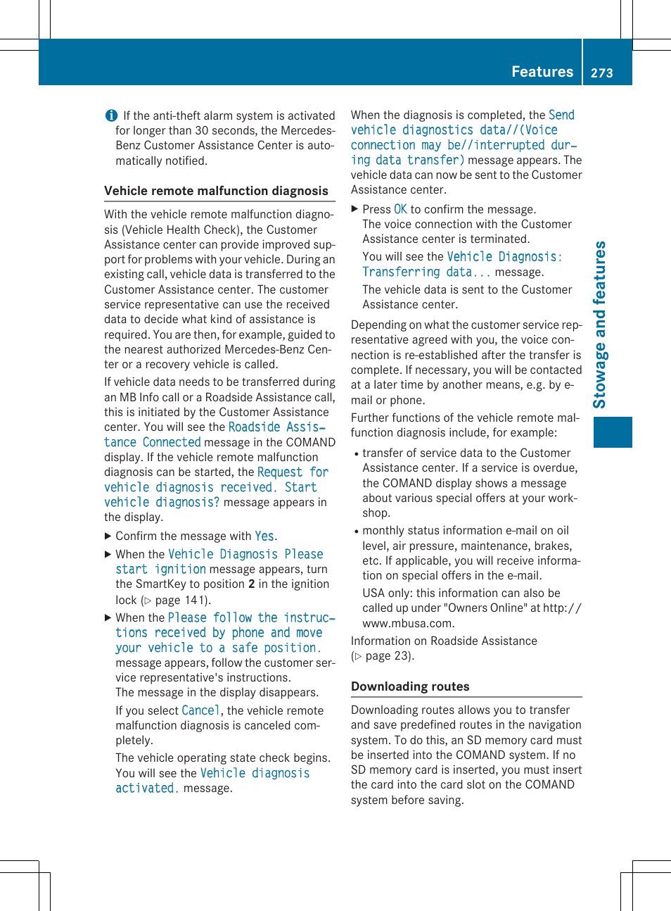 Stowage and features, Features | Mercedes-Benz CLA-Class 2014 Owners Manual User Manual | Page 275 / 358