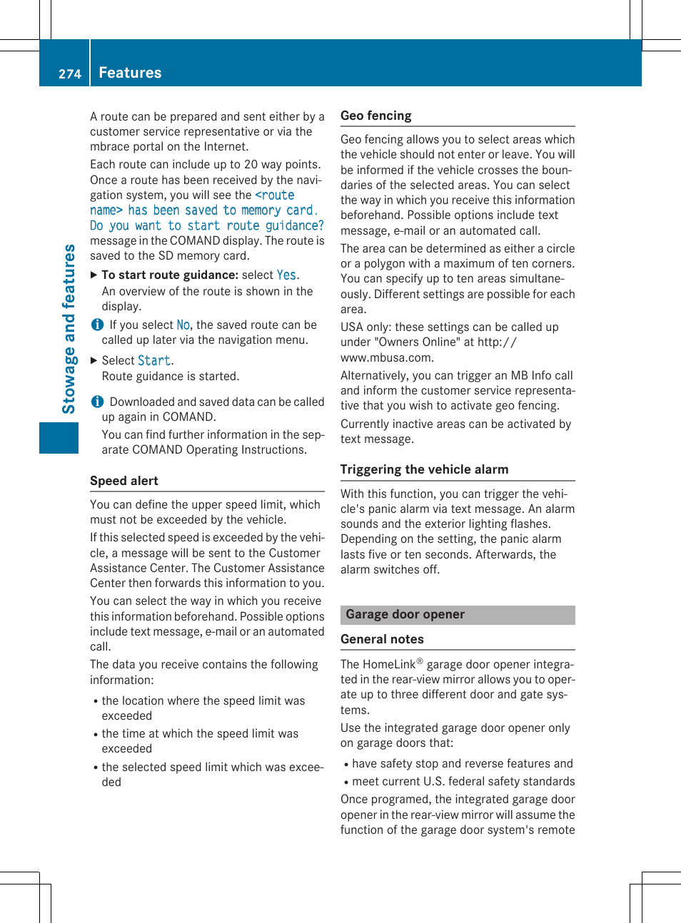 Sto wag e an d fe ature s, Features | Mercedes-Benz CLA-Class 2014 Owners Manual User Manual | Page 276 / 358