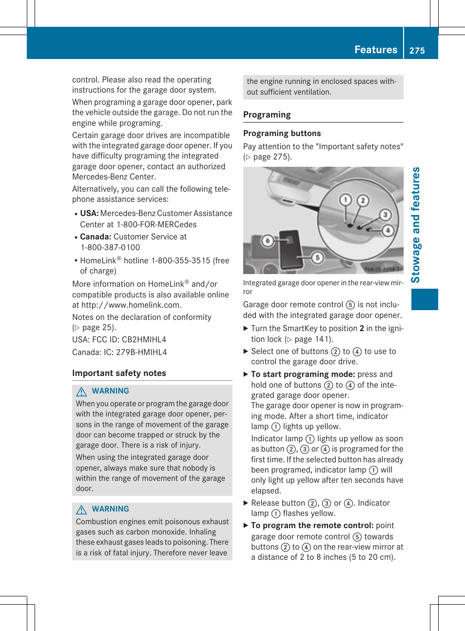 Stow age and feature s, Features | Mercedes-Benz CLA-Class 2014 Owners Manual User Manual | Page 277 / 358
