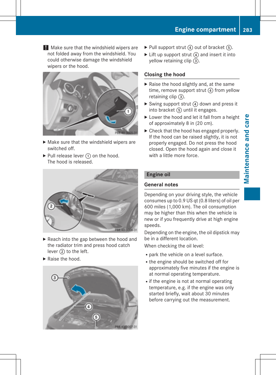 Maintenance and care, Engine compartment | Mercedes-Benz CLA-Class 2014 Owners Manual User Manual | Page 285 / 358