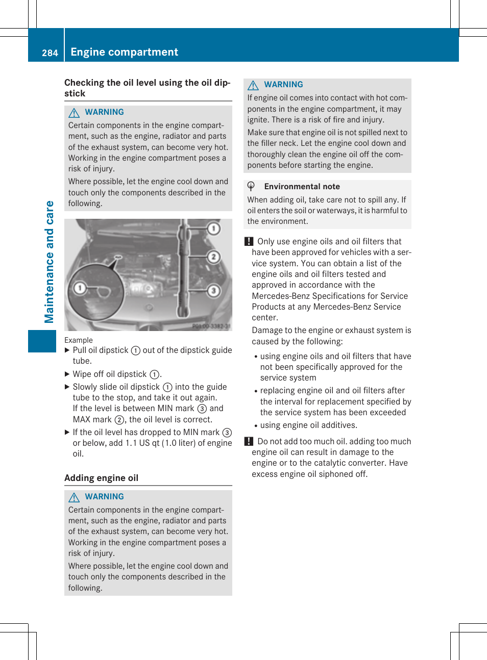 Ma int enance and car e, Engine compartment | Mercedes-Benz CLA-Class 2014 Owners Manual User Manual | Page 286 / 358